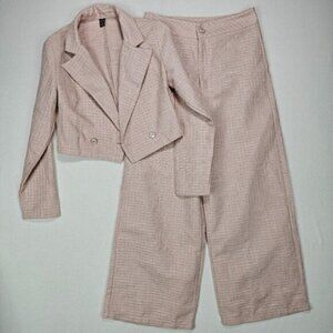 Shein Tweed Two Piece Suit Set Wide Leg Trousers Cropped Blazer Size Medium